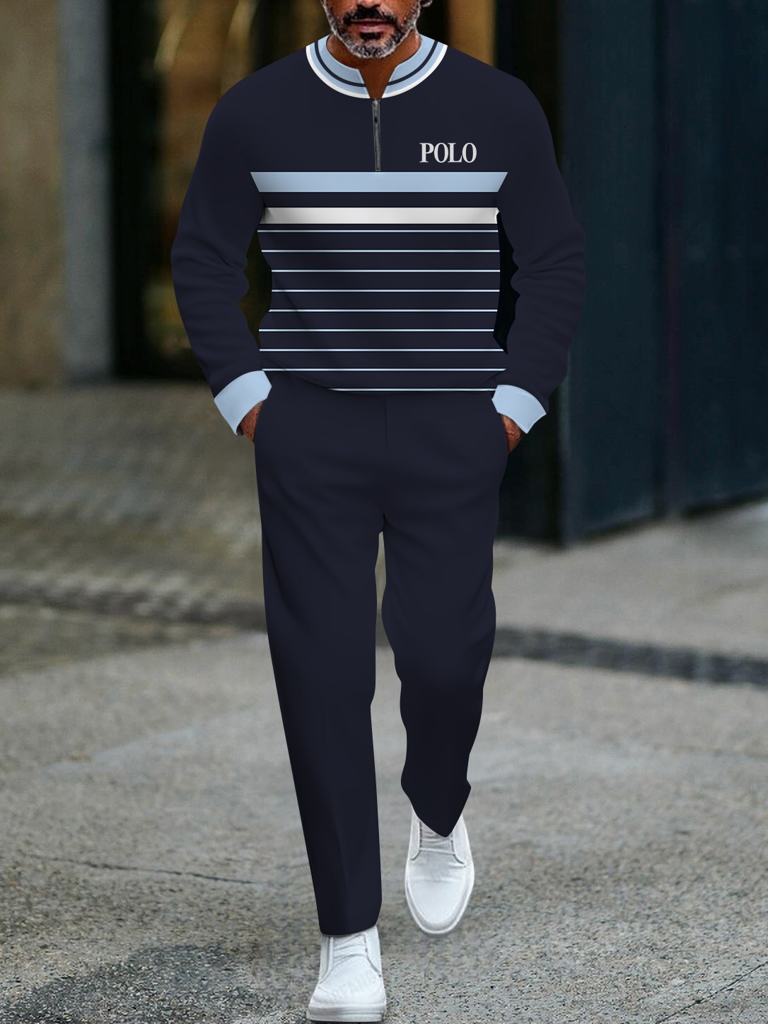 Men's casual navy striped printed button-down long-sleeved two-piece set