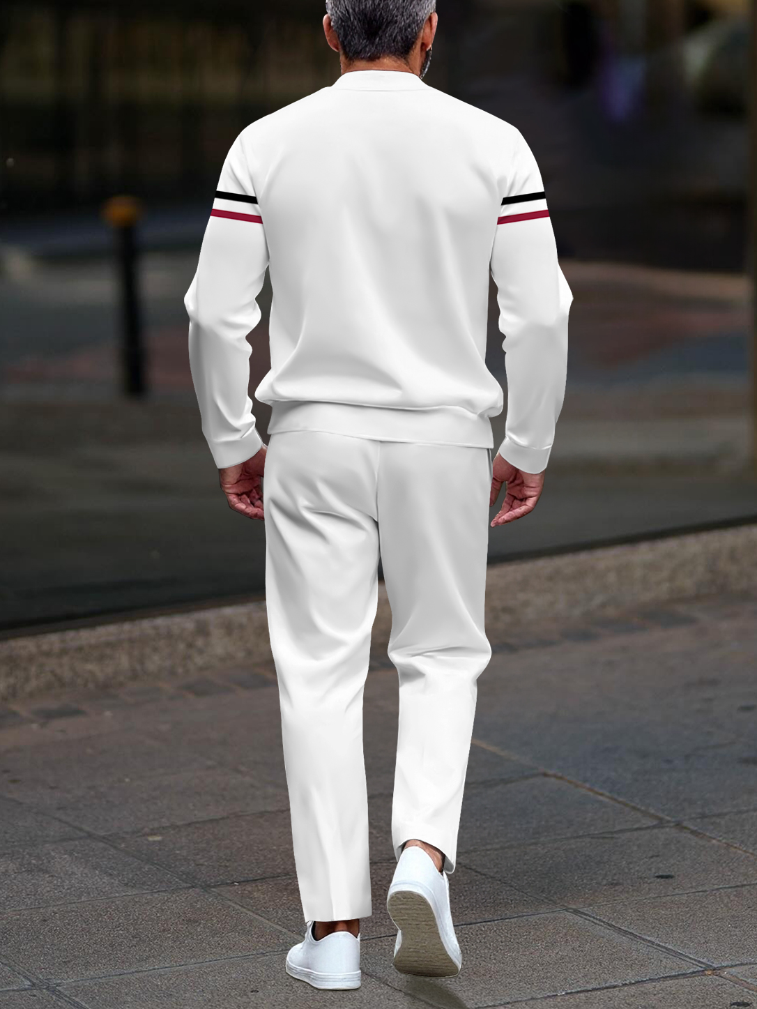 Men's casual white striped print button-up long-sleeved two-piece set