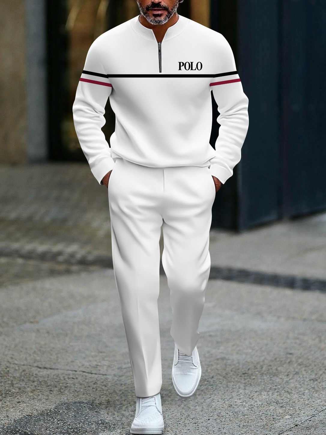 Men's casual white striped print button-up long-sleeved two-piece set