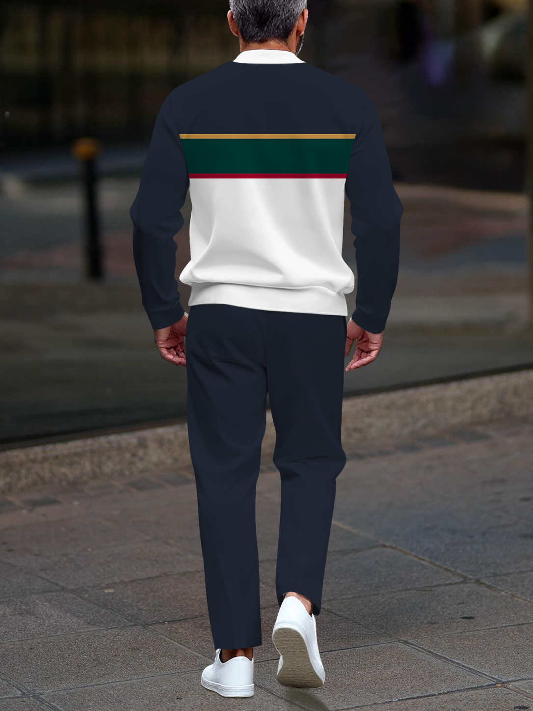 Men's fashionable multi-color striped print zipper long-sleeved two-piece set