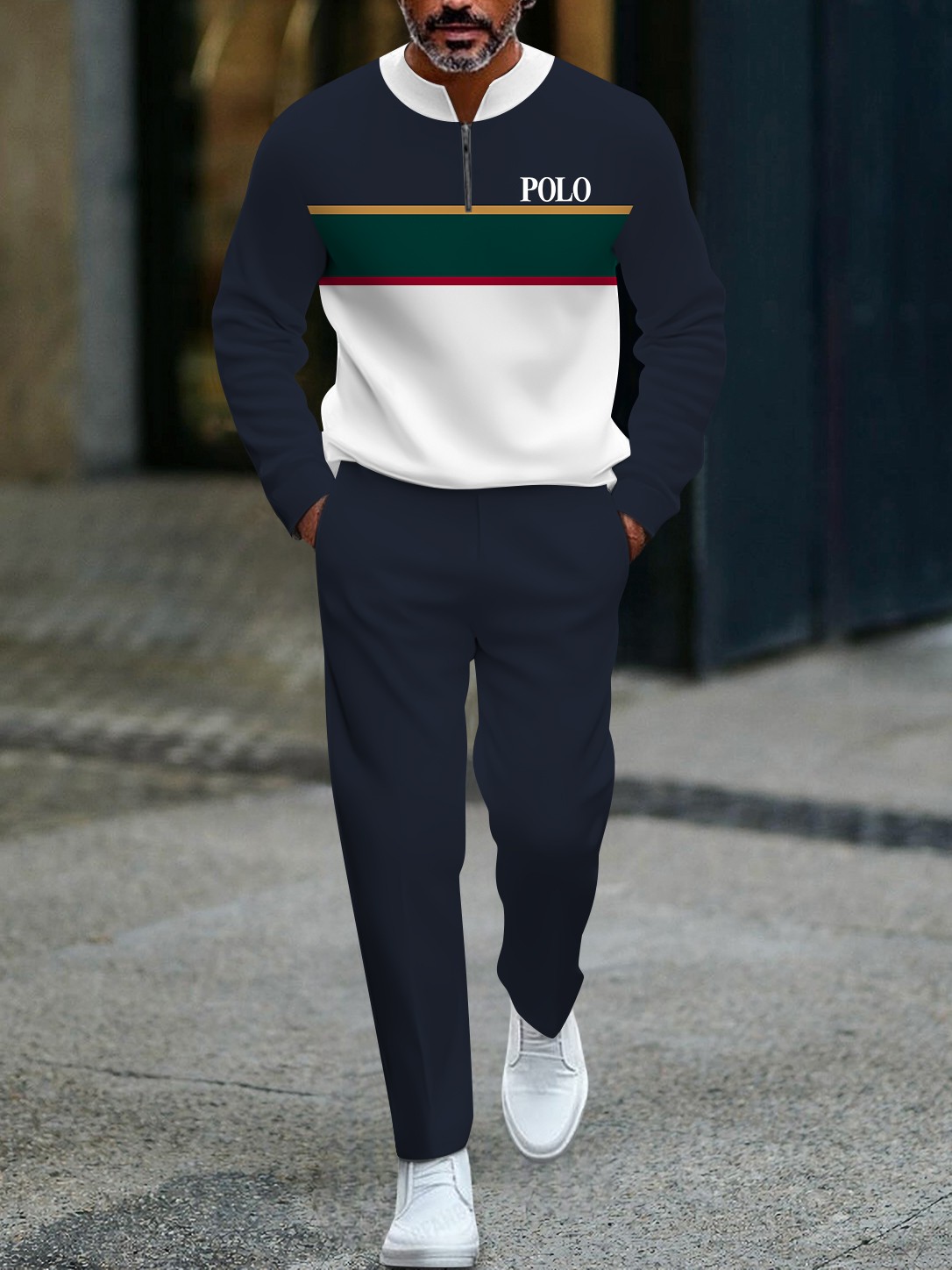 Men's fashionable multi-color striped print zipper long-sleeved two-piece set