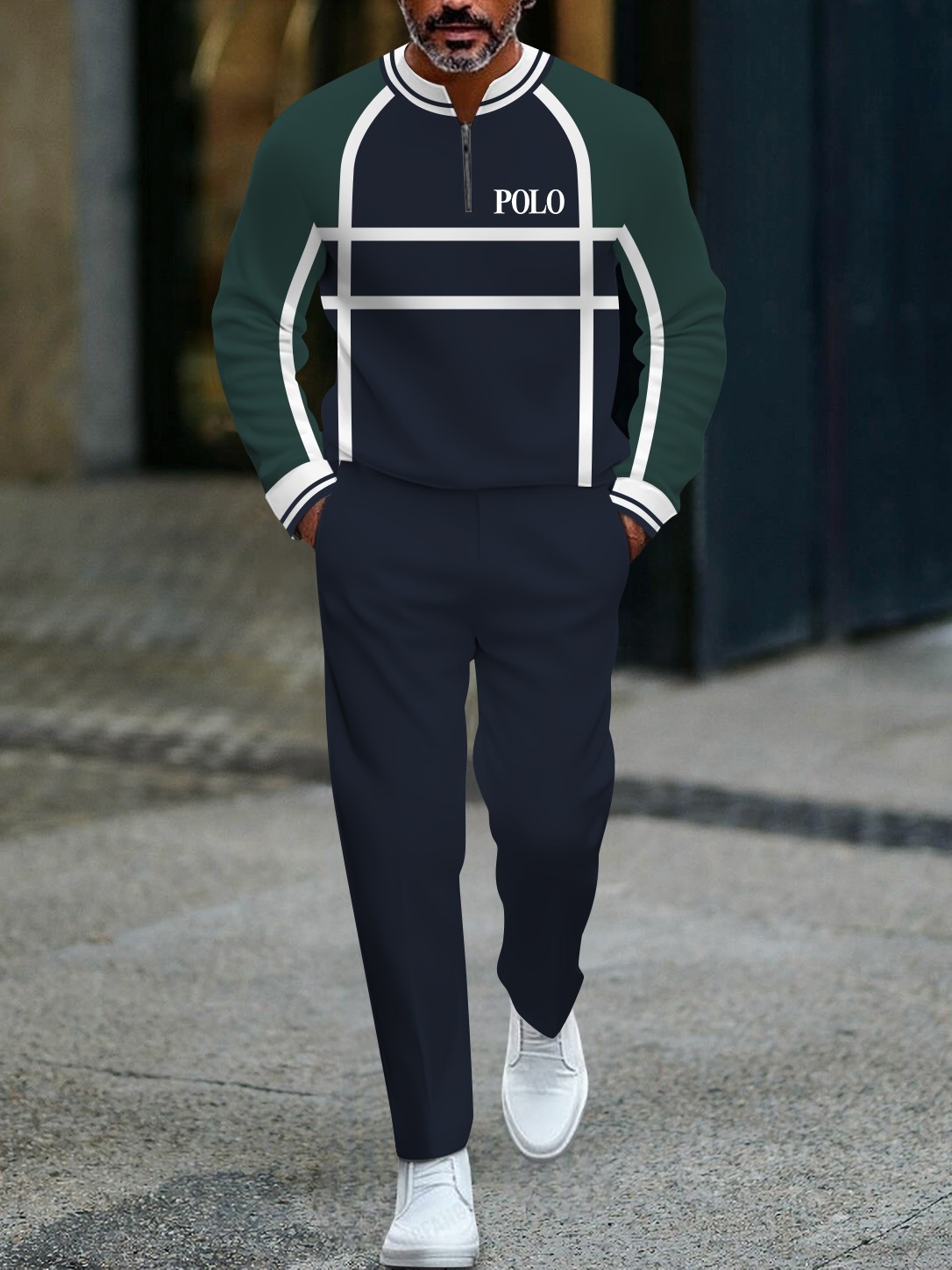 Men's casual fashion multi-color striped print zipper long-sleeved two-piece set