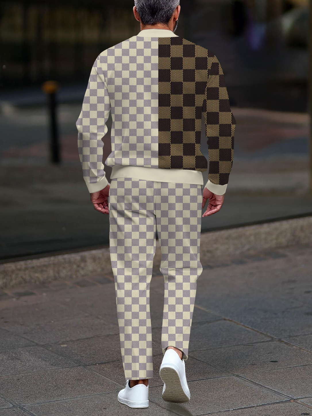 Men's casual checkered print zipper long-sleeved two-piece set