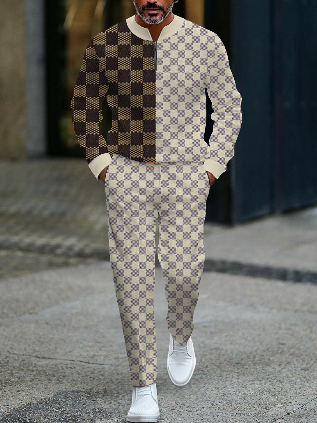 Men's casual checkered print zipper long-sleeved two-piece set