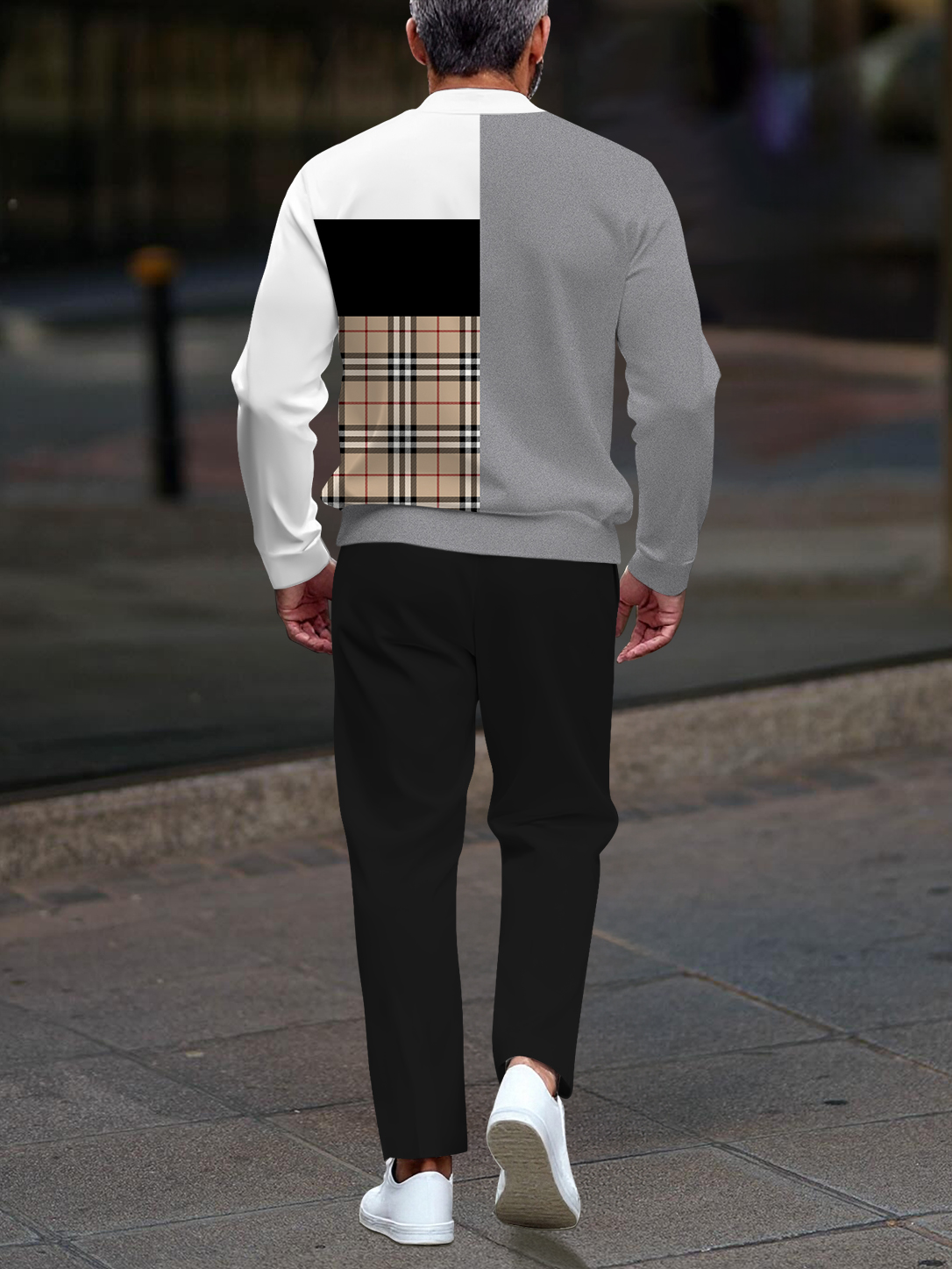 Men's fashionable multi-color checked print zipper long-sleeved two-piece set