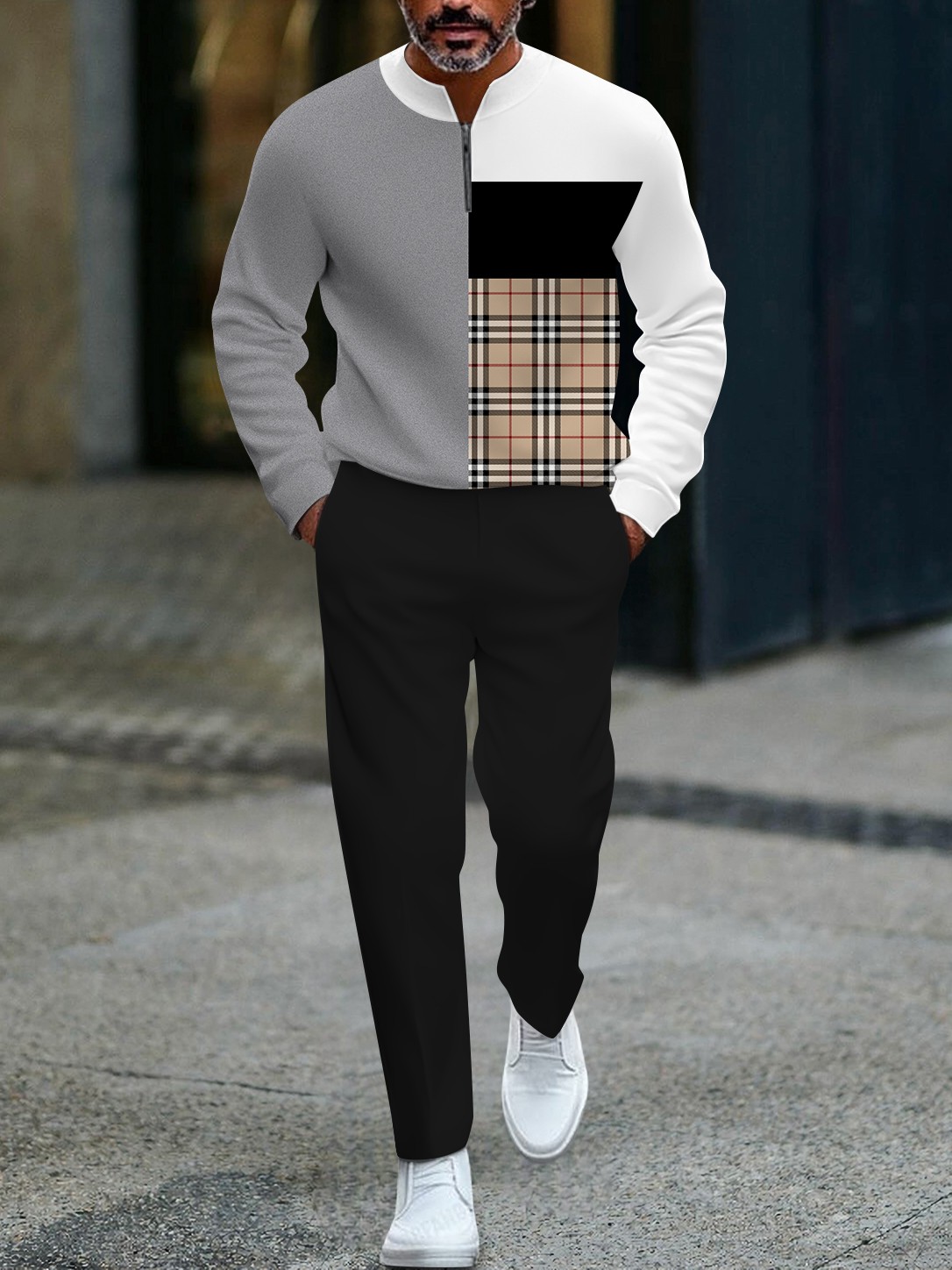 Men's fashionable multi-color checked print zipper long-sleeved two-piece set