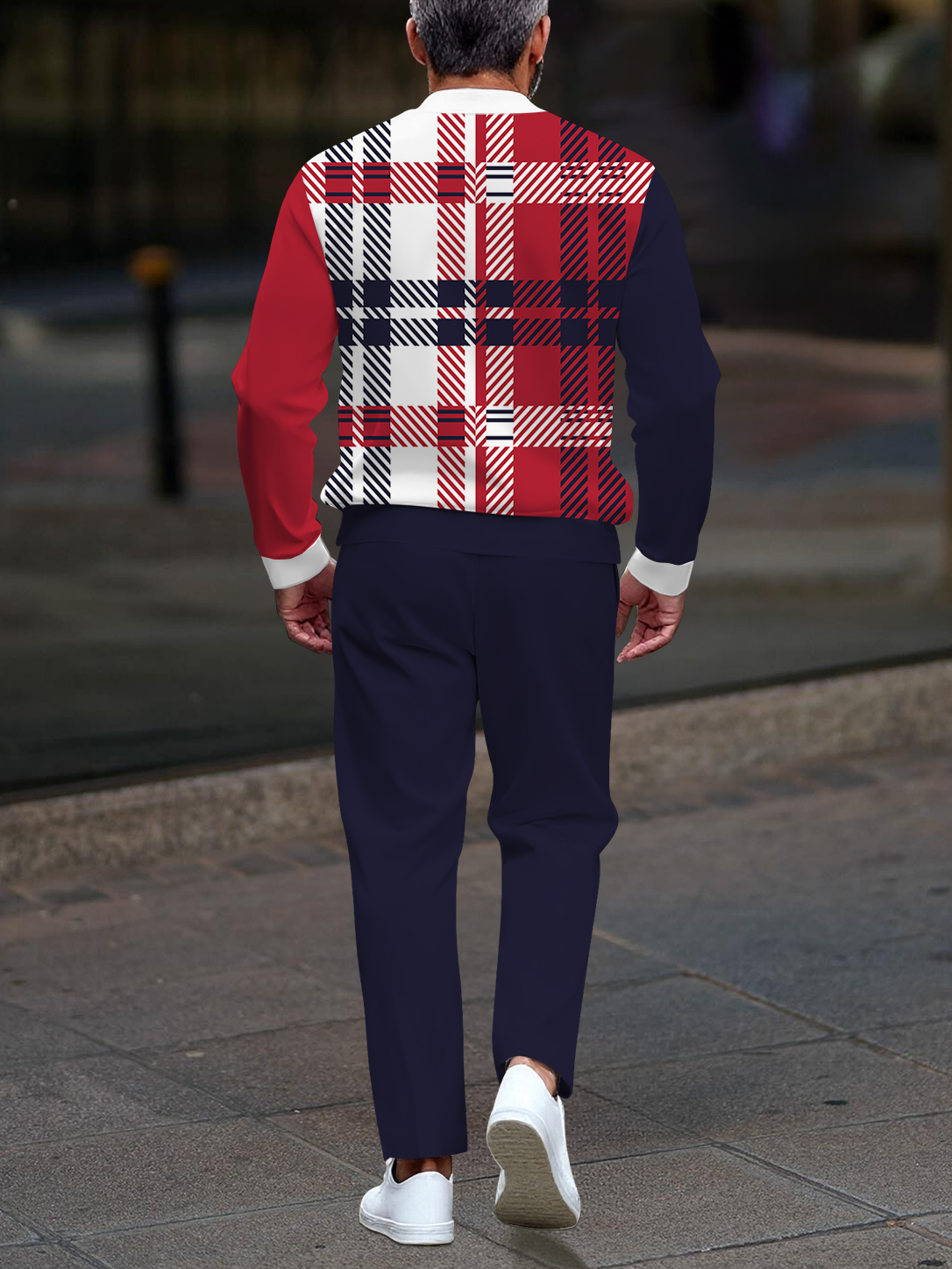 Men's casual multi-color checked print zipper long-sleeved two-piece set