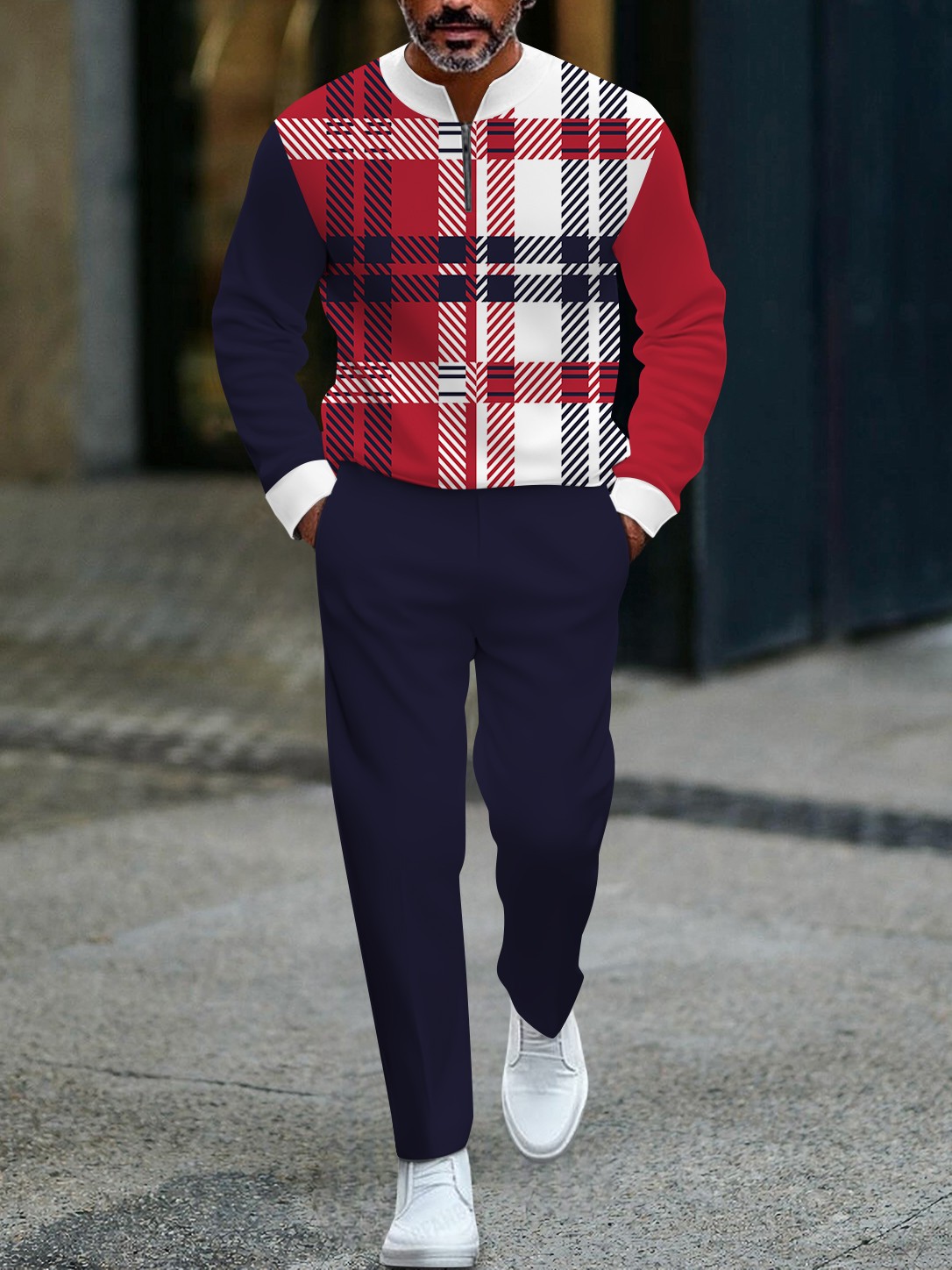 Men's casual multi-color checked print zipper long-sleeved two-piece set