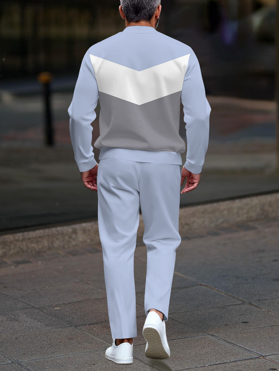 Men's casual multi-color geometric print zipper long-sleeved two-piece set