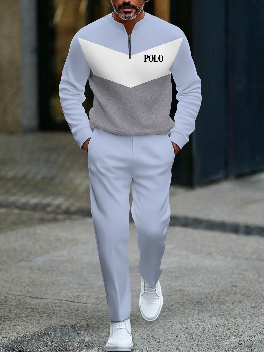 Men's casual multi-color geometric print zipper long-sleeved two-piece set