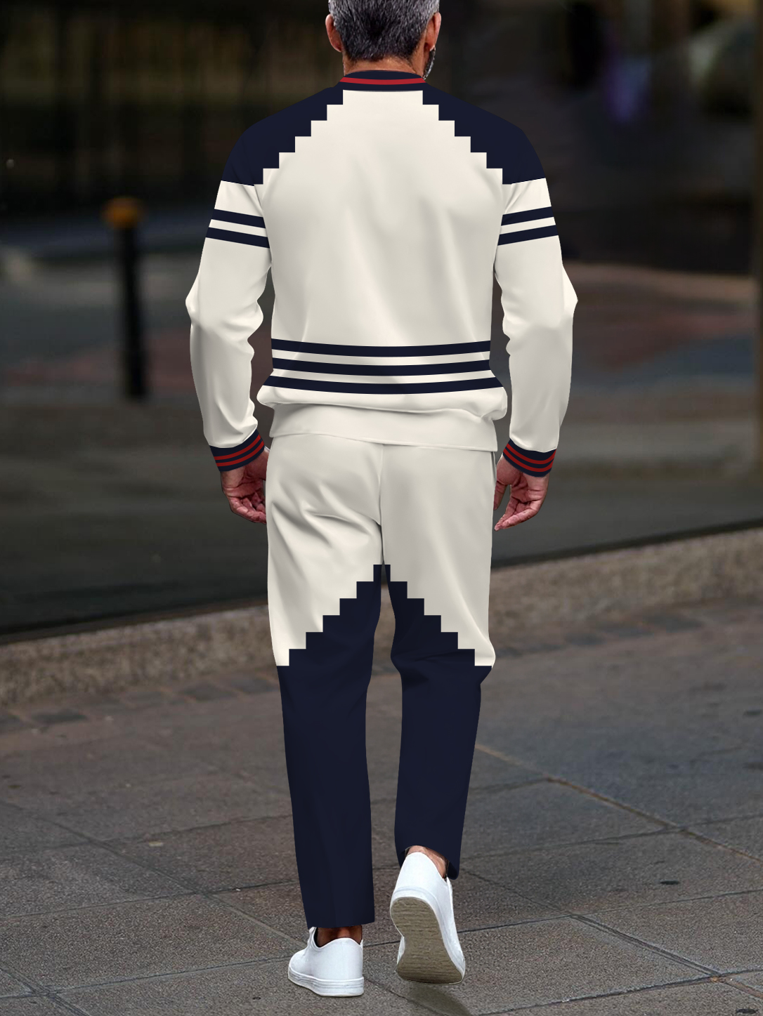 Men's casual navy blue geometric print zipper long-sleeved two-piece set