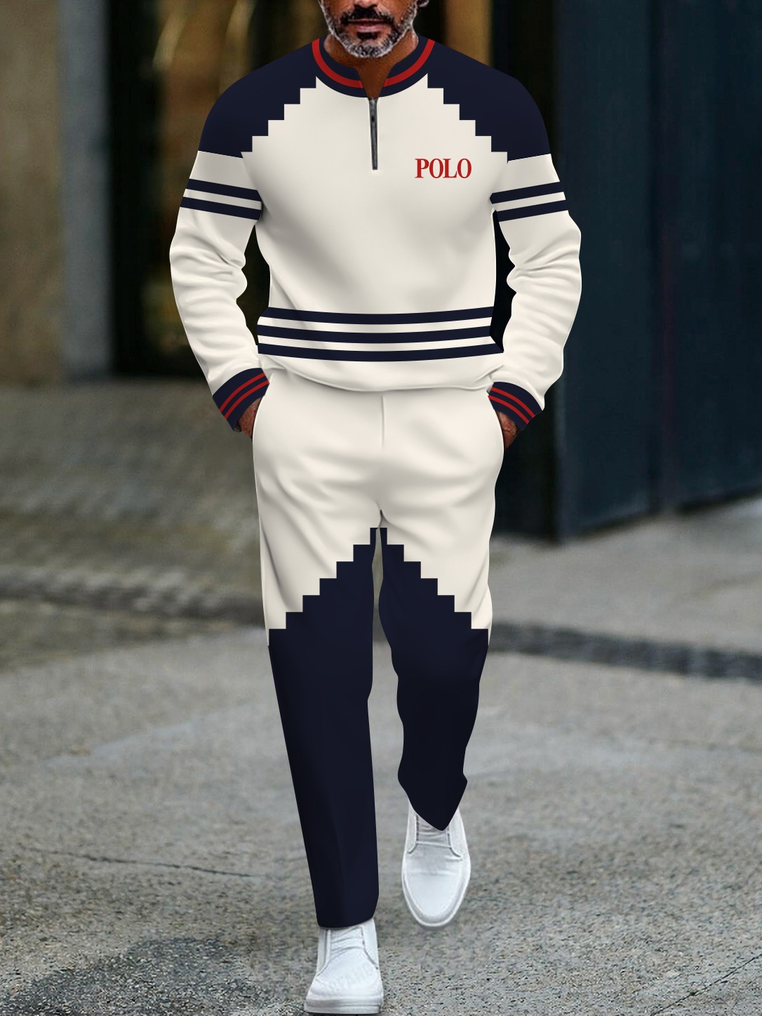 Men's casual navy blue geometric print zipper long-sleeved two-piece set