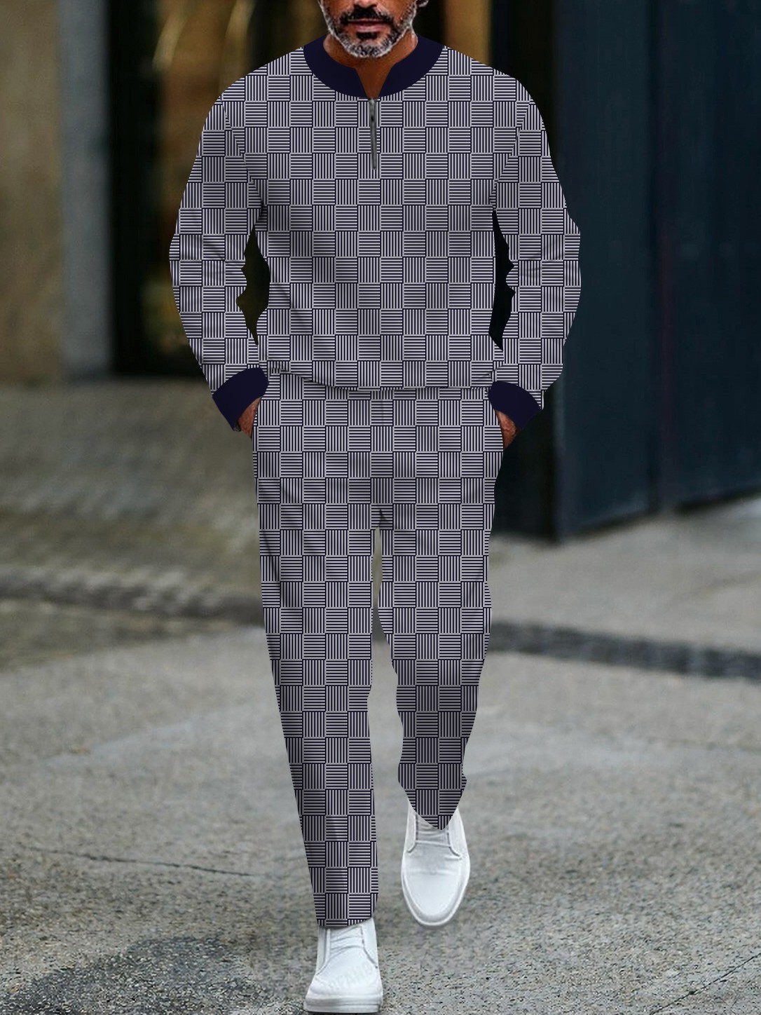 Men's casual navy checkered printed zipper long-sleeved two-piece set