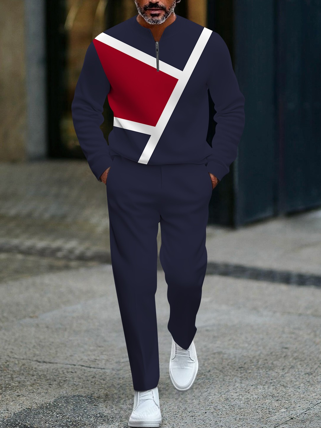 Men's casual navy blue geometric print zipper long-sleeved two-piece set