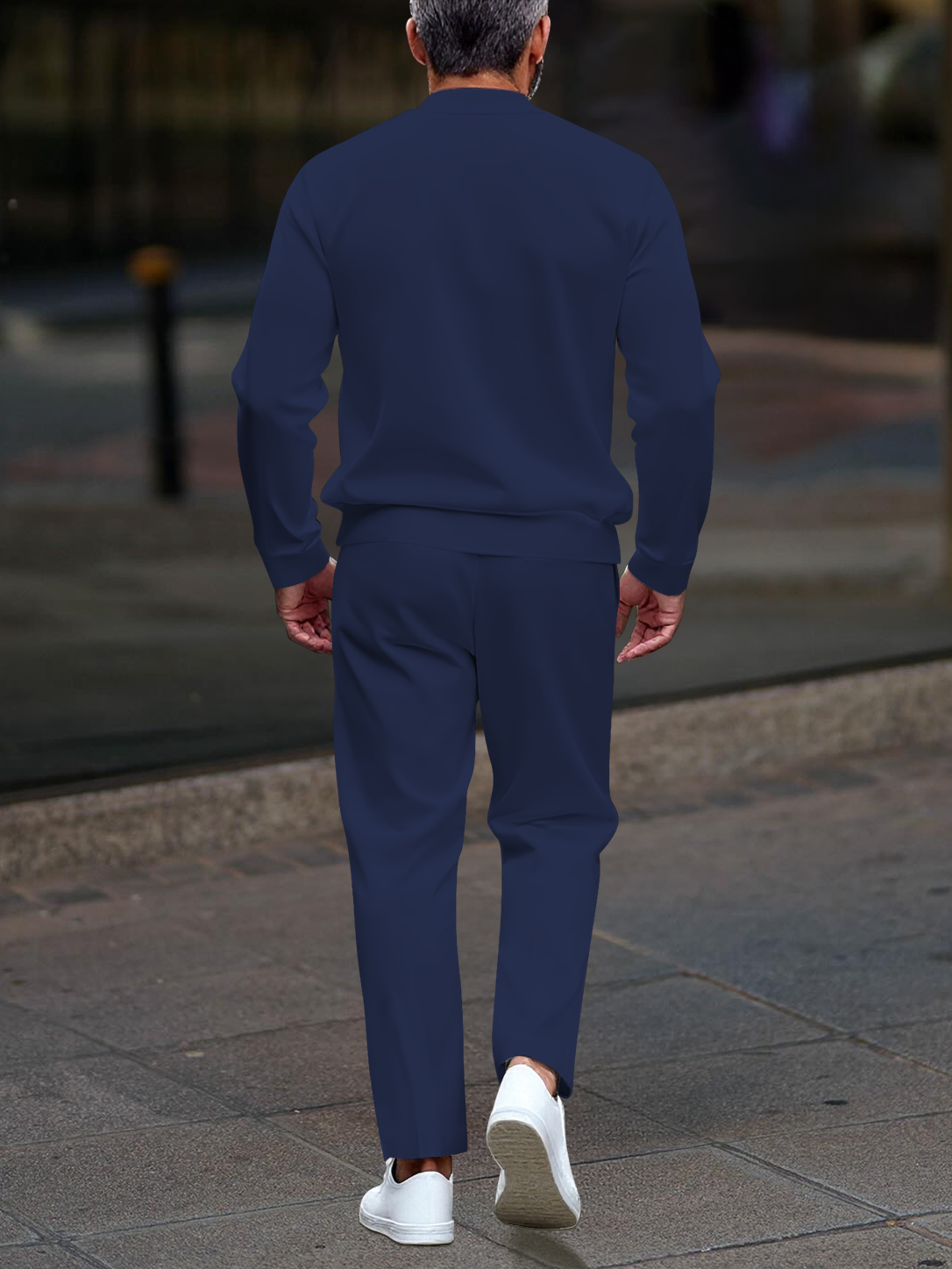 Men's casual navy blue striped button-down long-sleeved two-piece set