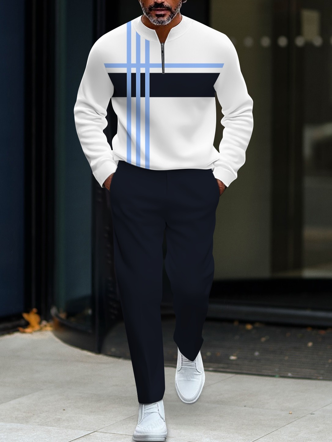 Men's fashionable casual round-neck zipper long-sleeve two-piece set