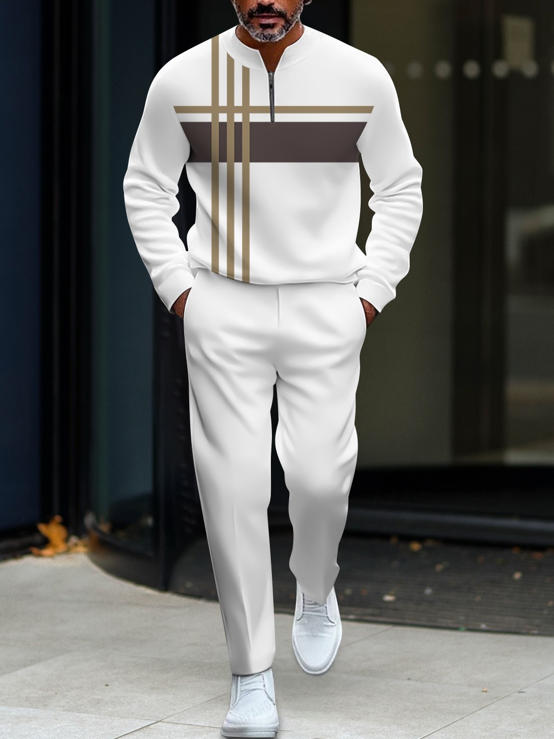 Men's fashionable casual round-neck zipper long-sleeve two-piece set