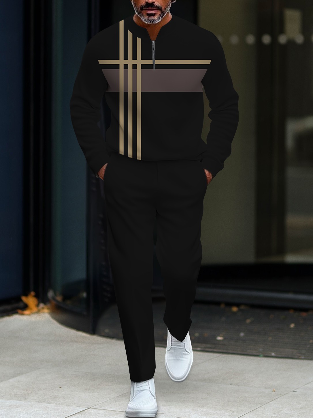 Men's fashionable casual round-neck zipper long-sleeve two-piece set