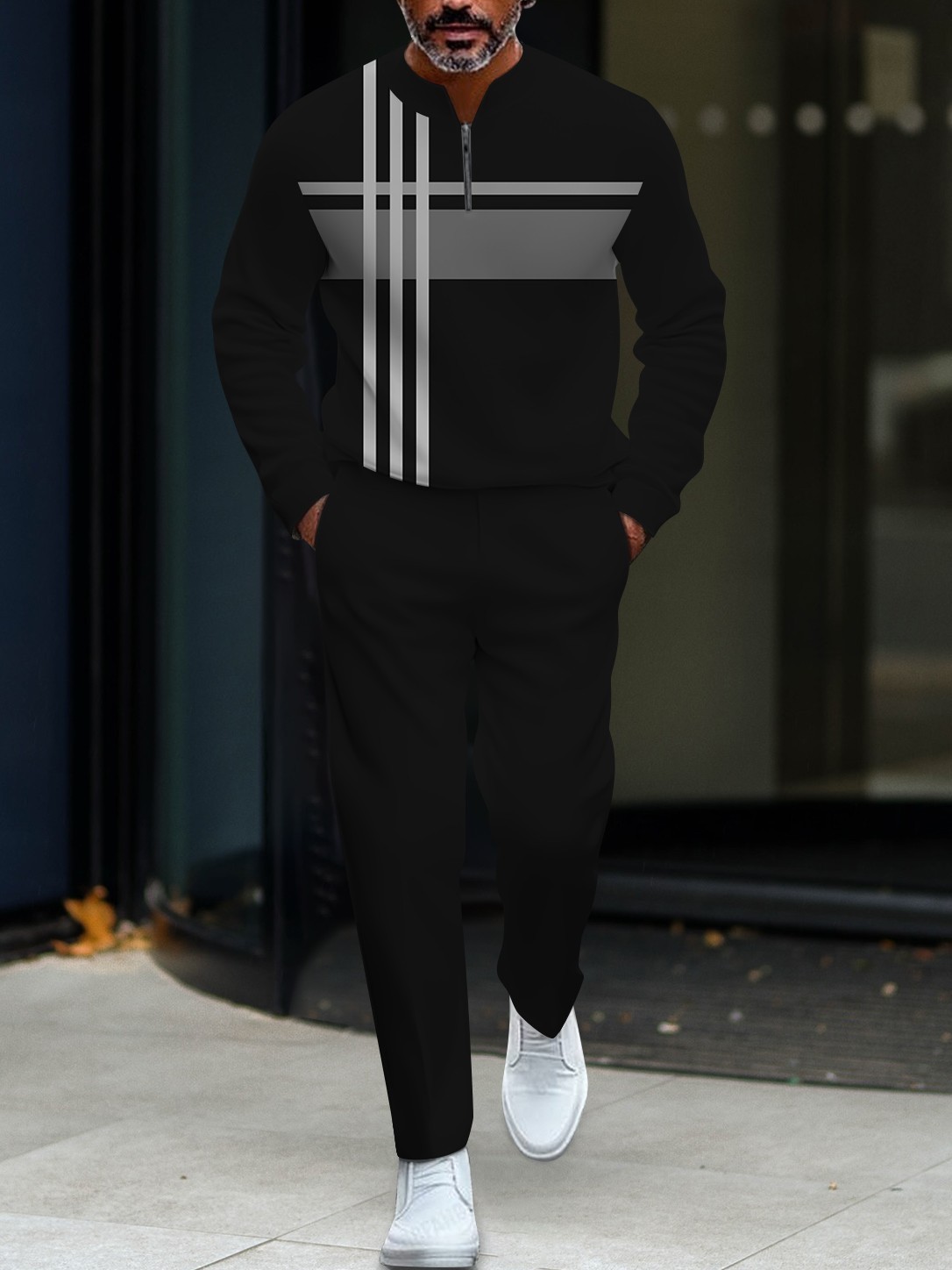 Men's fashionable casual round-neck zipper long-sleeve two-piece set