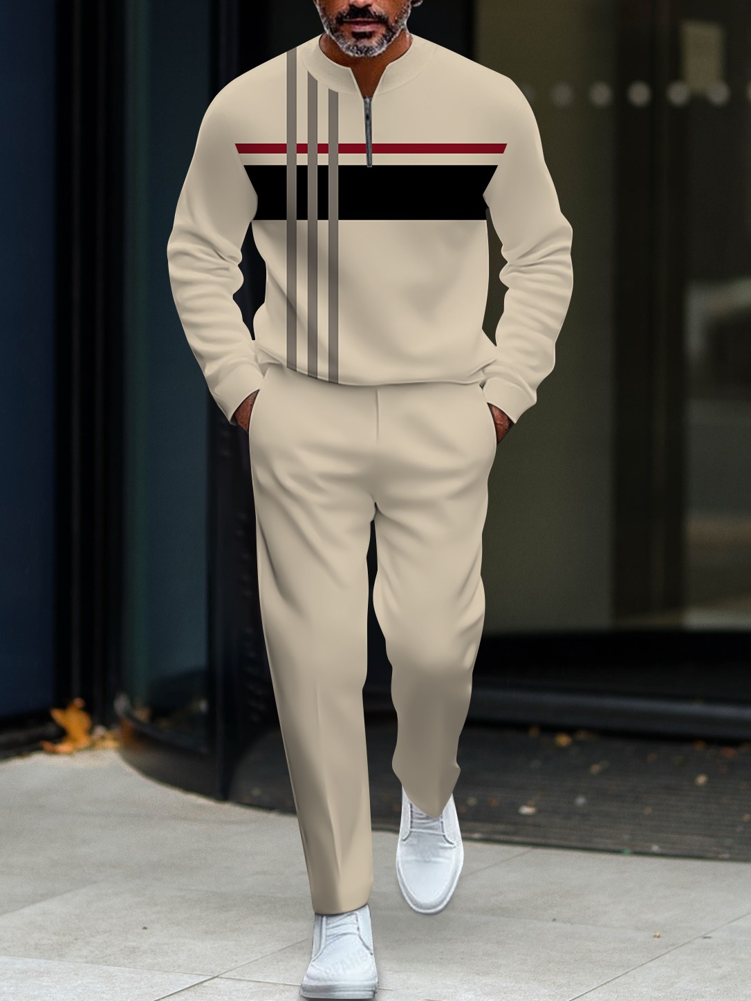 Men's fashionable casual round-neck zipper long-sleeve two-piece set