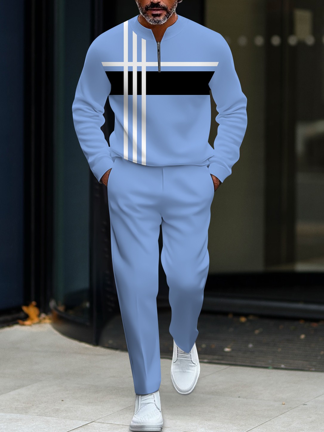 Men's fashionable casual round-neck zipper long-sleeve two-piece set