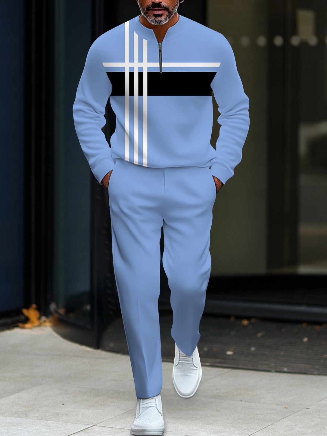 Men's fashionable casual round-neck zipper long-sleeve two-piece set