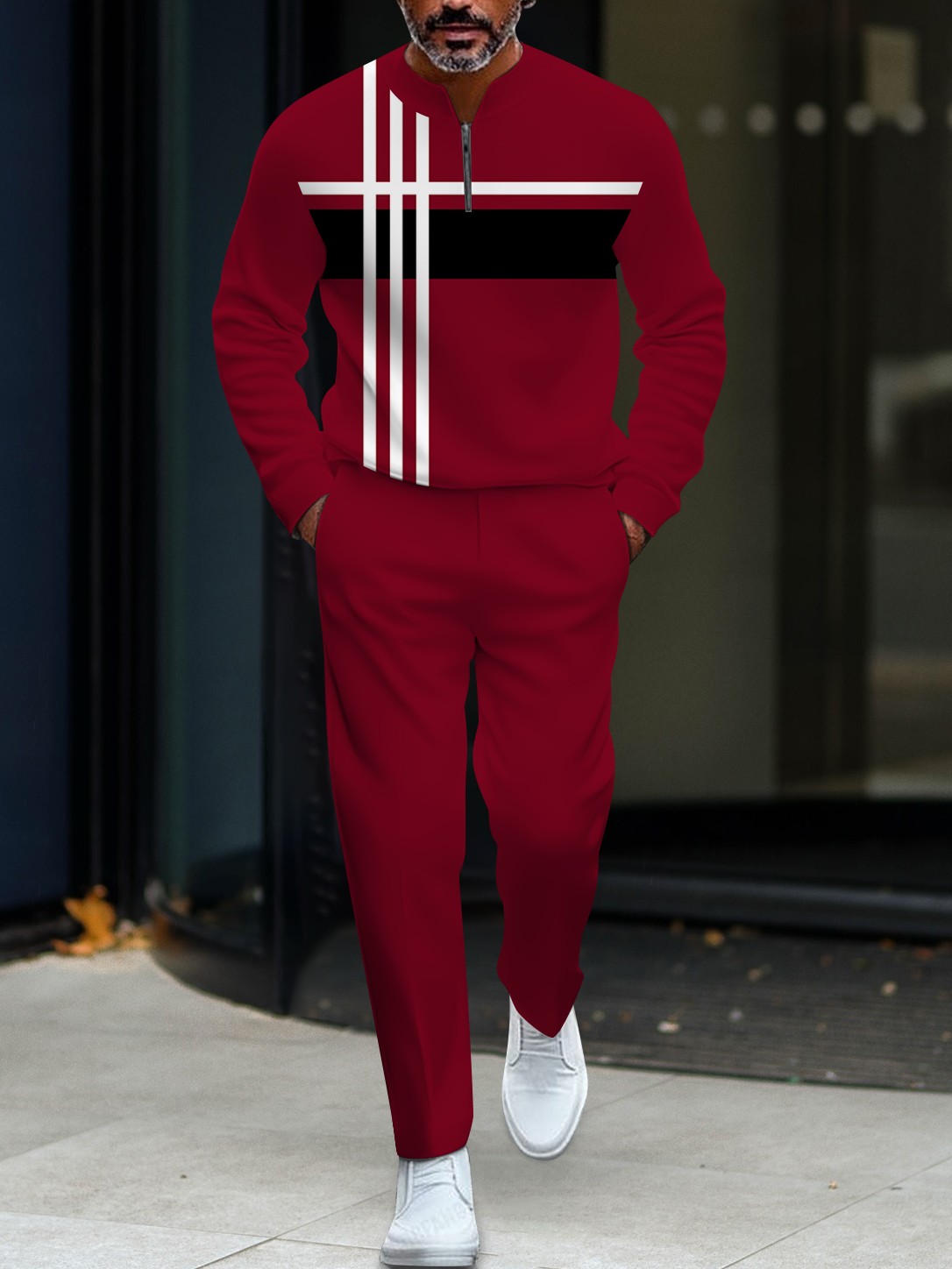 Men's fashionable casual round-neck zipper long-sleeve two-piece set