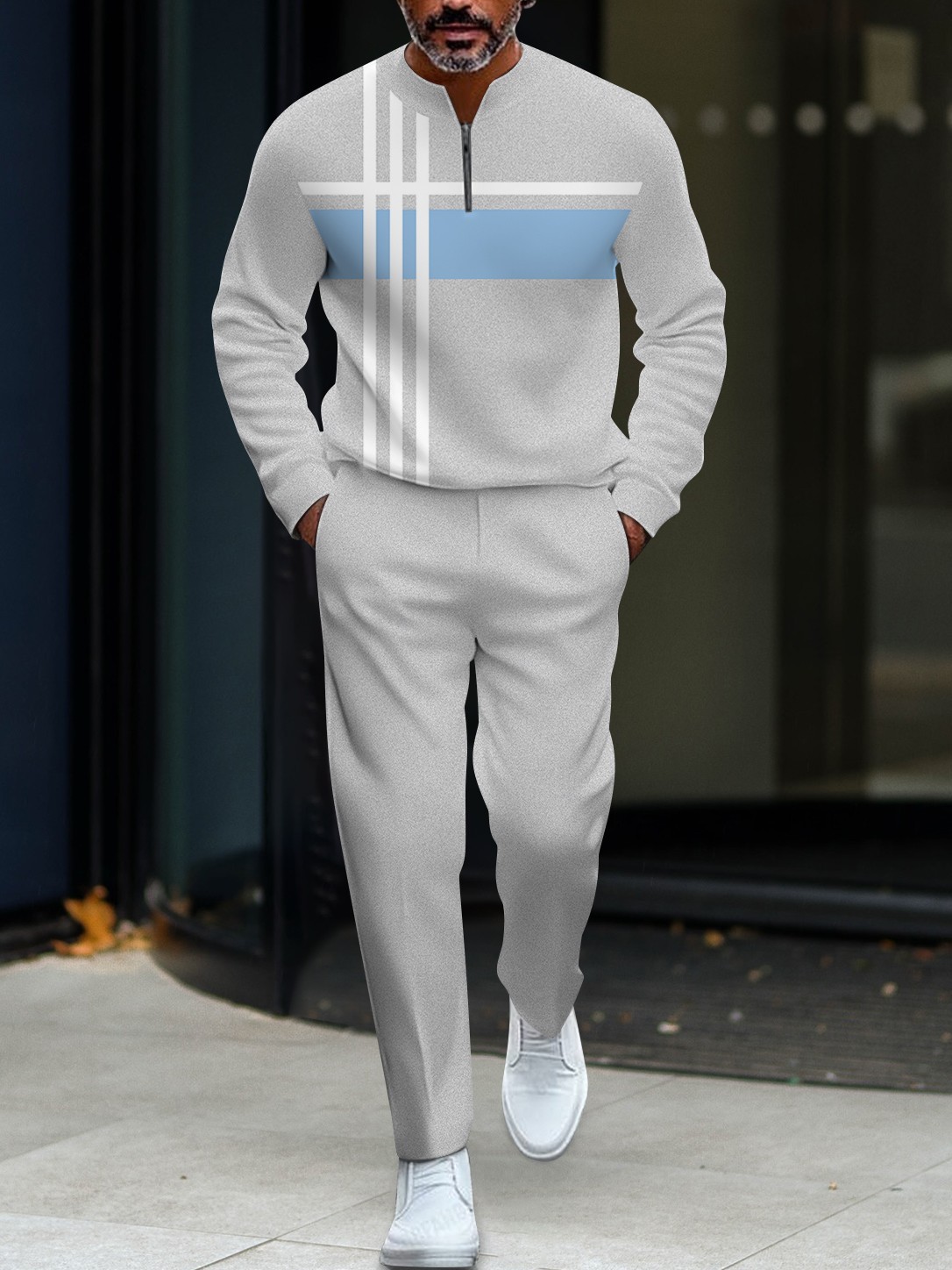 Men's fashionable casual round-neck zipper long-sleeve two-piece set