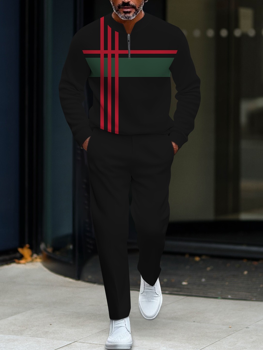 Men's fashionable casual round-neck zipper long-sleeve two-piece set