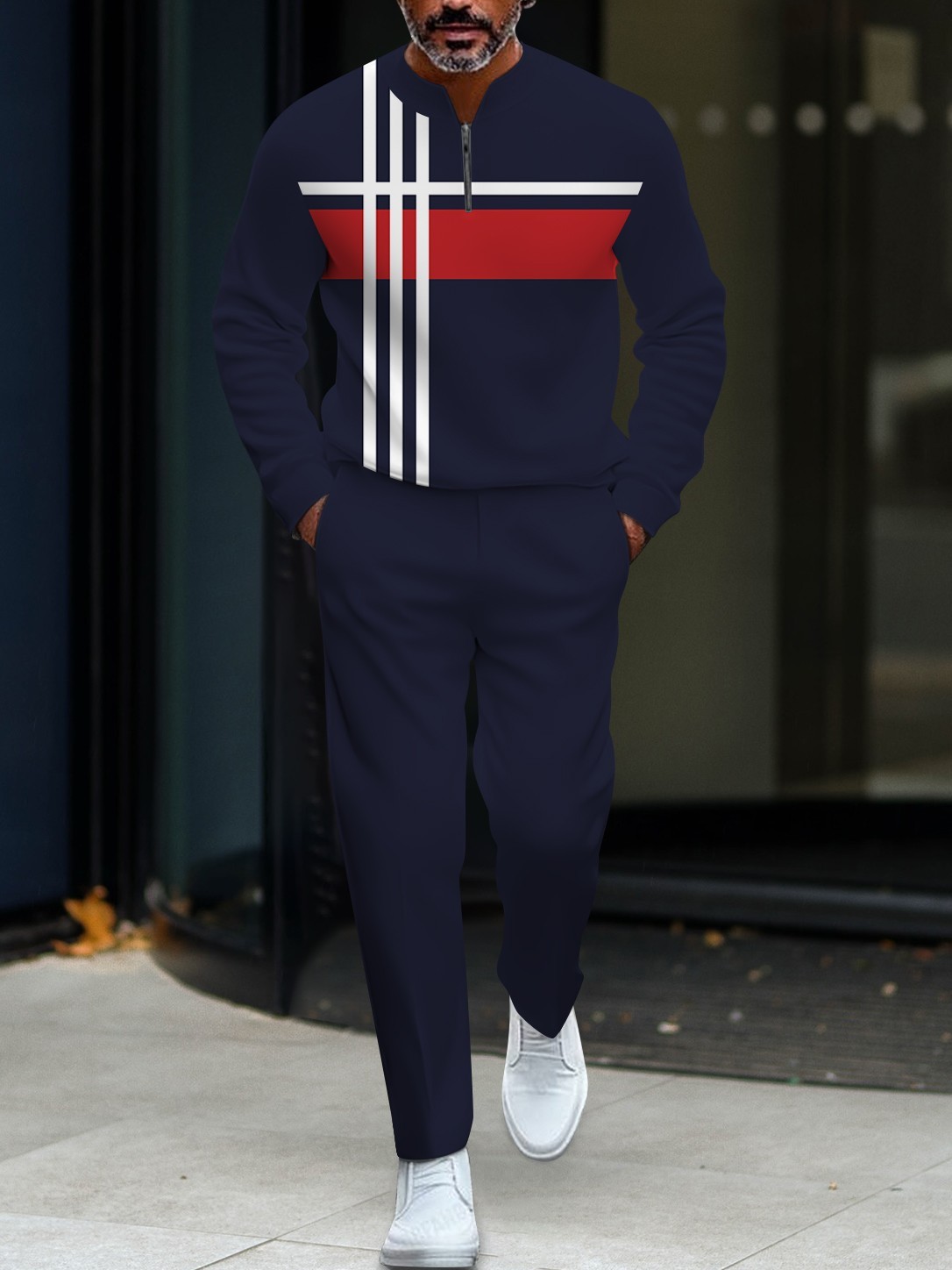 Men's fashionable casual round-neck zipper long-sleeve two-piece set