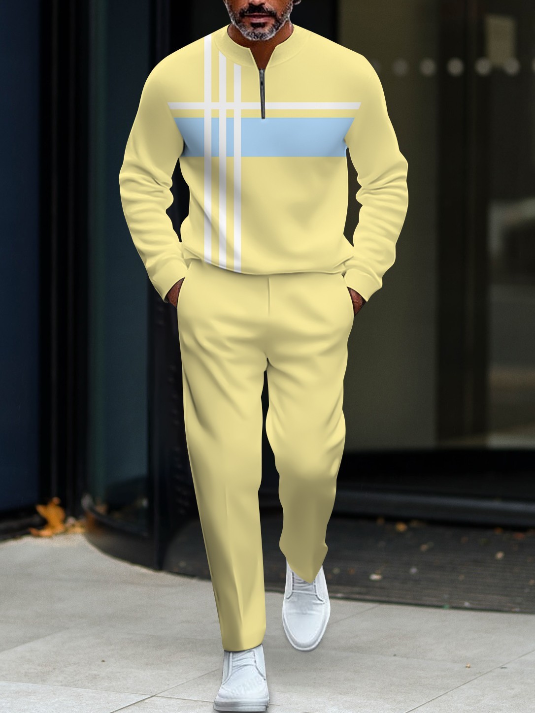 Men's fashionable casual round-neck zipper long-sleeve two-piece set