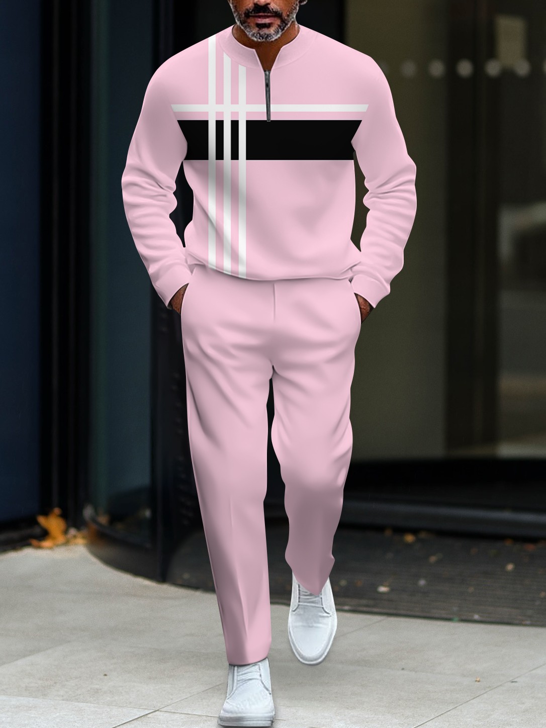 Men's fashionable casual round-neck zipper long-sleeve two-piece set