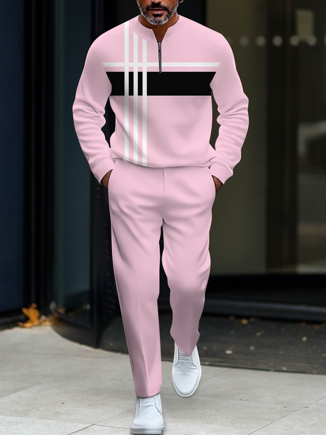 Men's fashionable casual round-neck zipper long-sleeve two-piece set