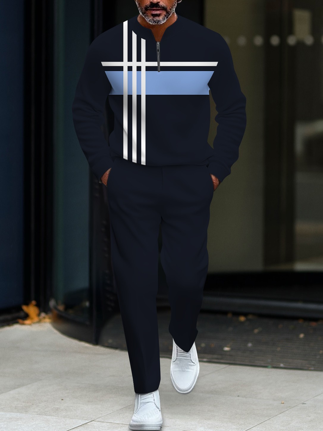 Men's fashionable casual round-neck zipper long-sleeve two-piece set