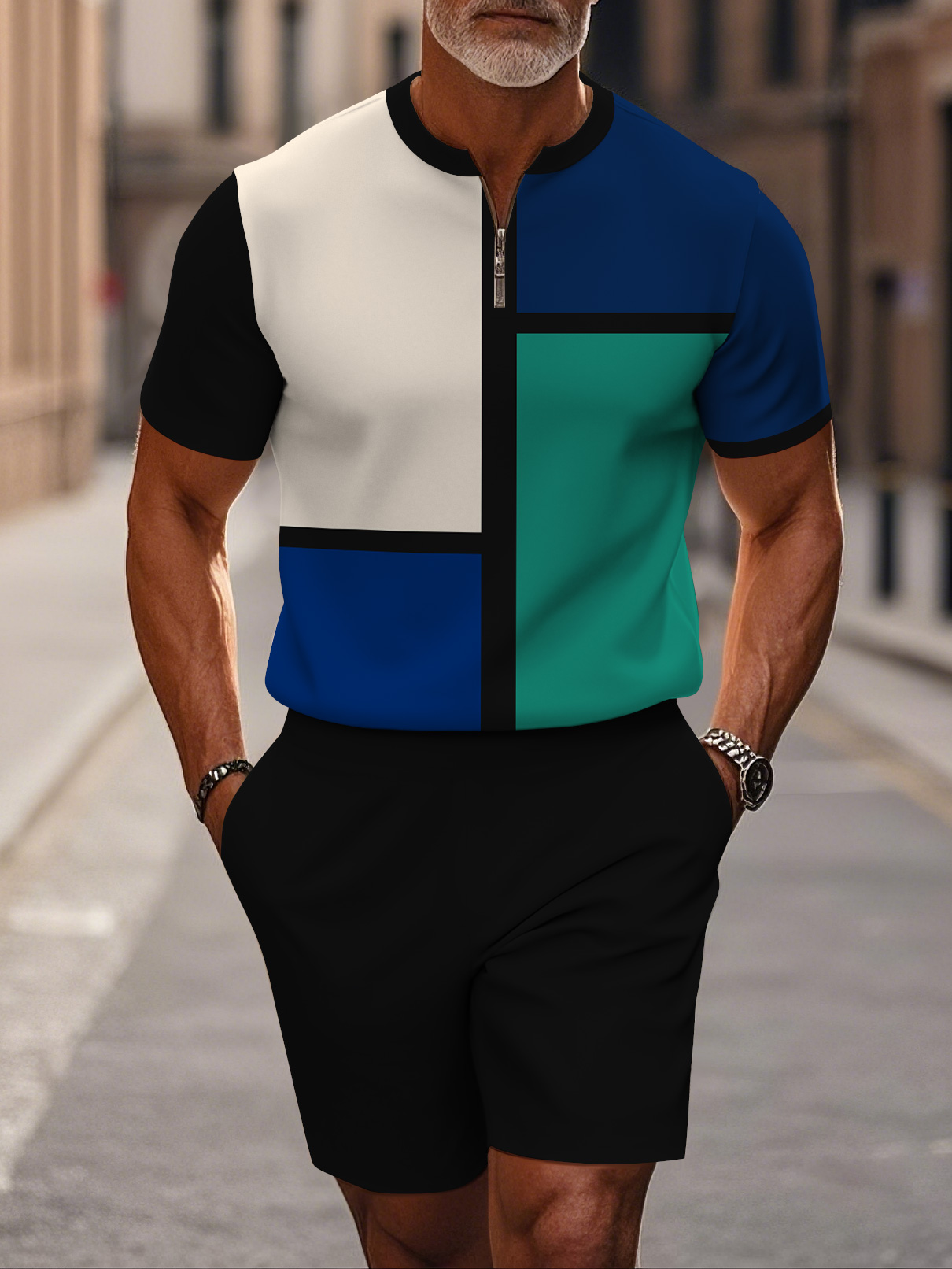 Men's fashion casual round-neck zipper geometric printed short-sleeved two-piece set