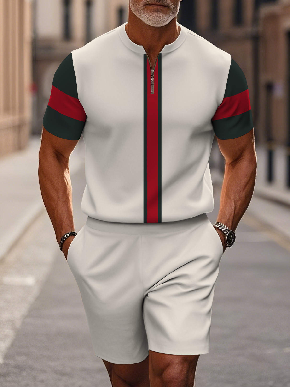 Men's fashion casual round-neck zipper geometric printed short-sleeved two-piece set