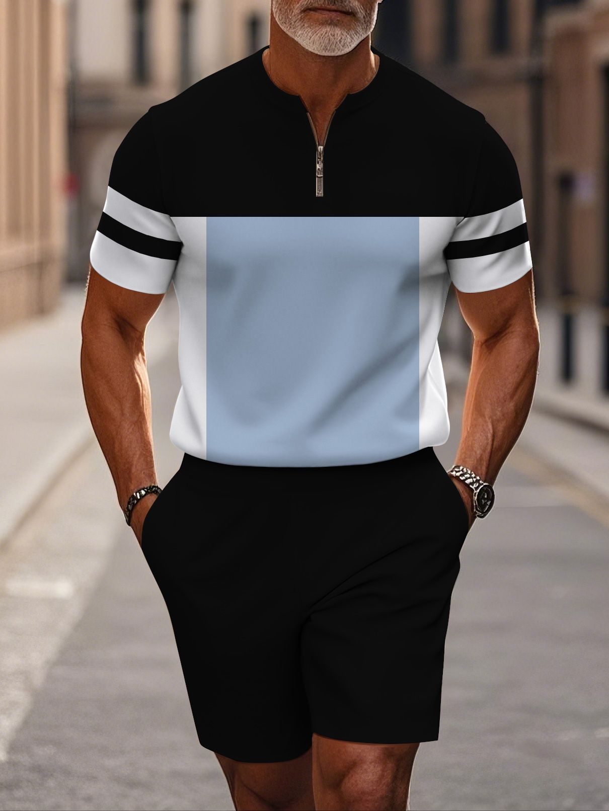 Men's fashion casual round-neck zipper geometric printed short-sleeved two-piece set