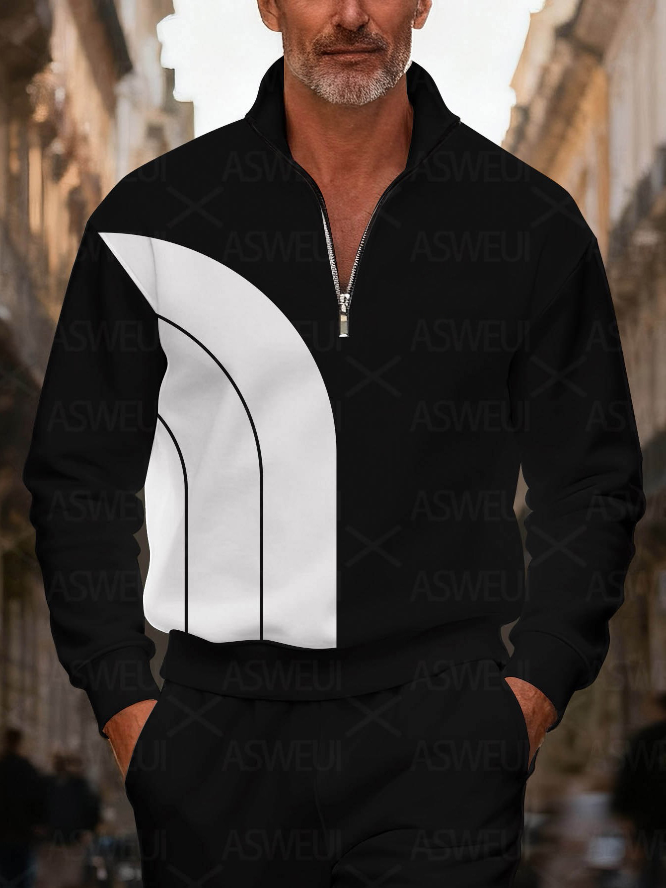 Men's fashionable casual black geometric print zipper long-sleeved two-piece set