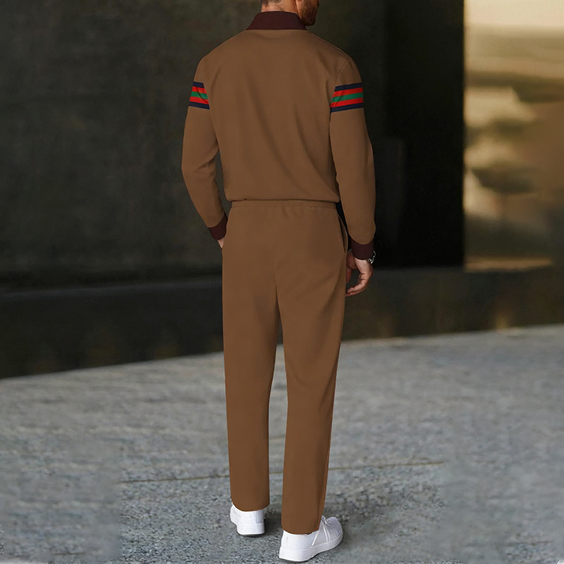 Men's fashion casual geometric print long sleeve zipper polo two-piece set