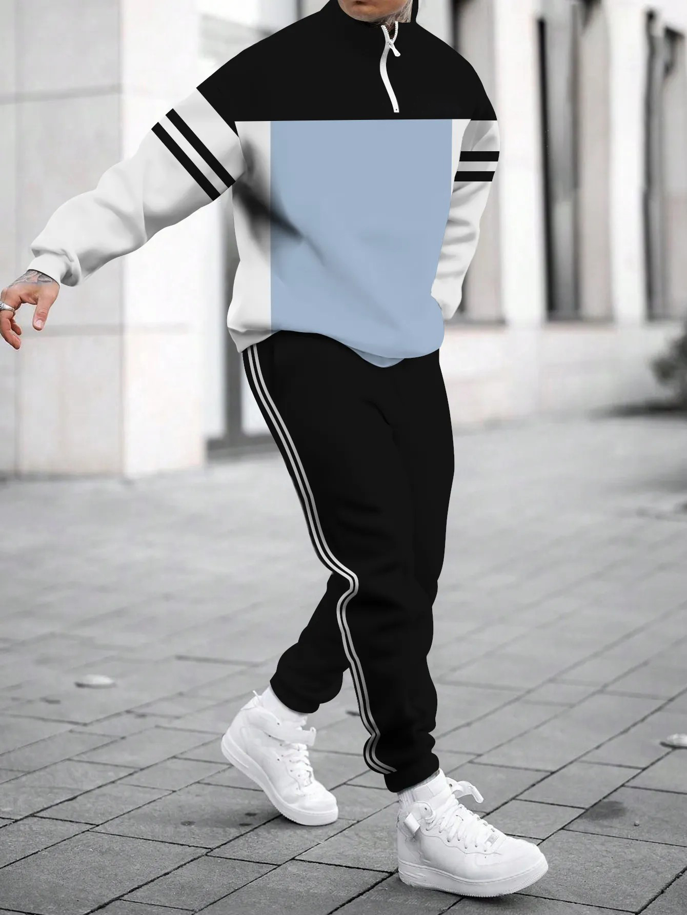 Men's fashion casual color match print long sleeve two piece set