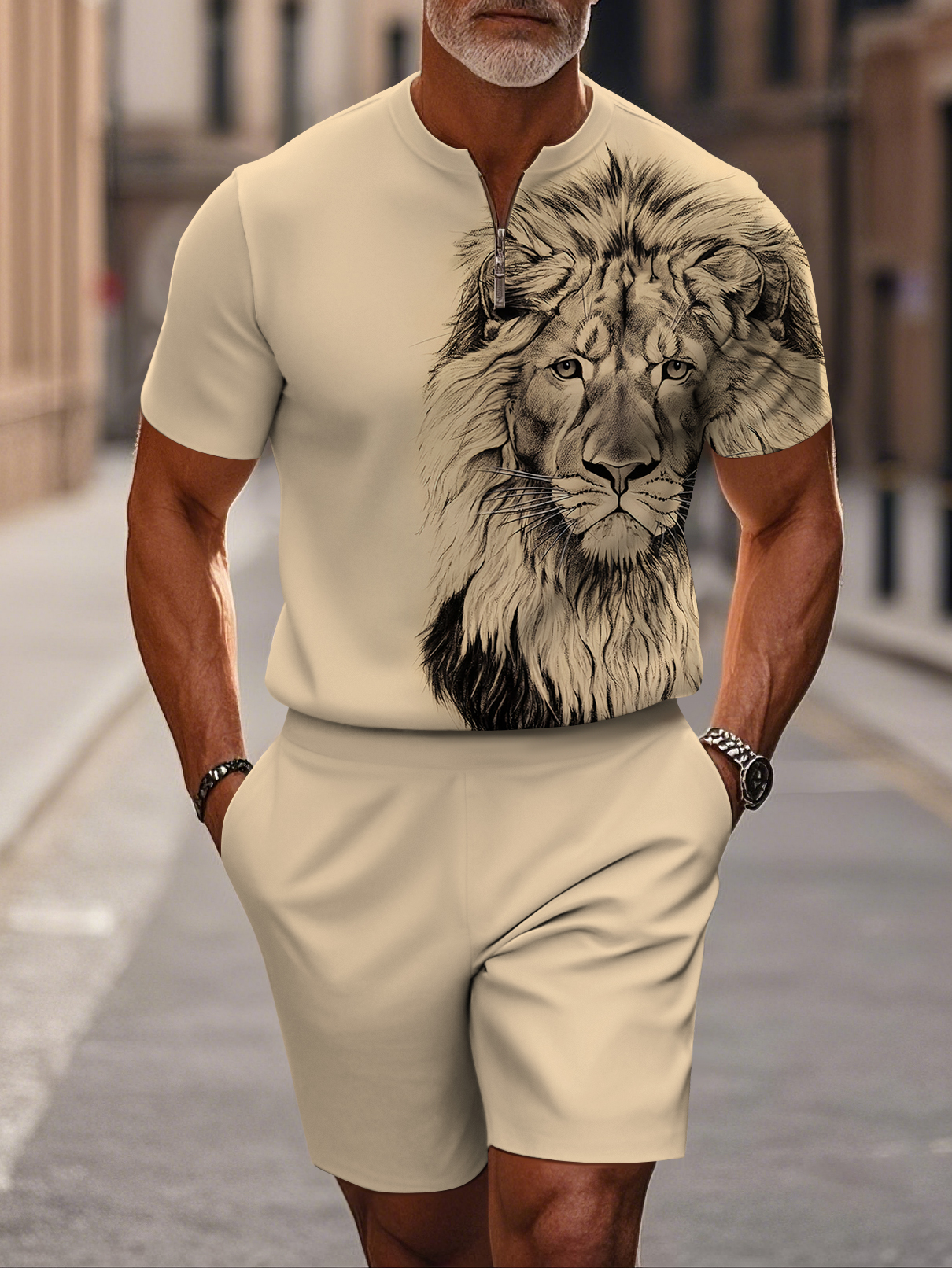 Men's fashion casual round-neck zipper geometric printed short-sleeved two-piece set