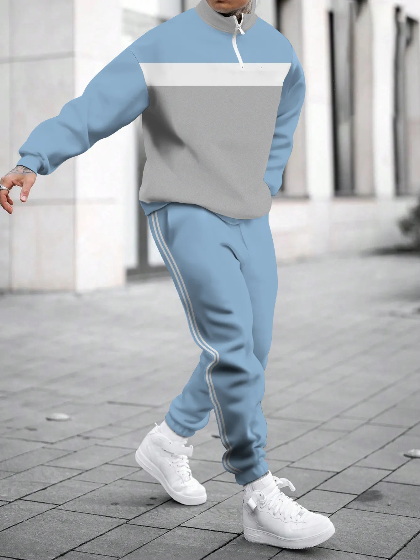 Men's fashion casual color match print long sleeve two piece set