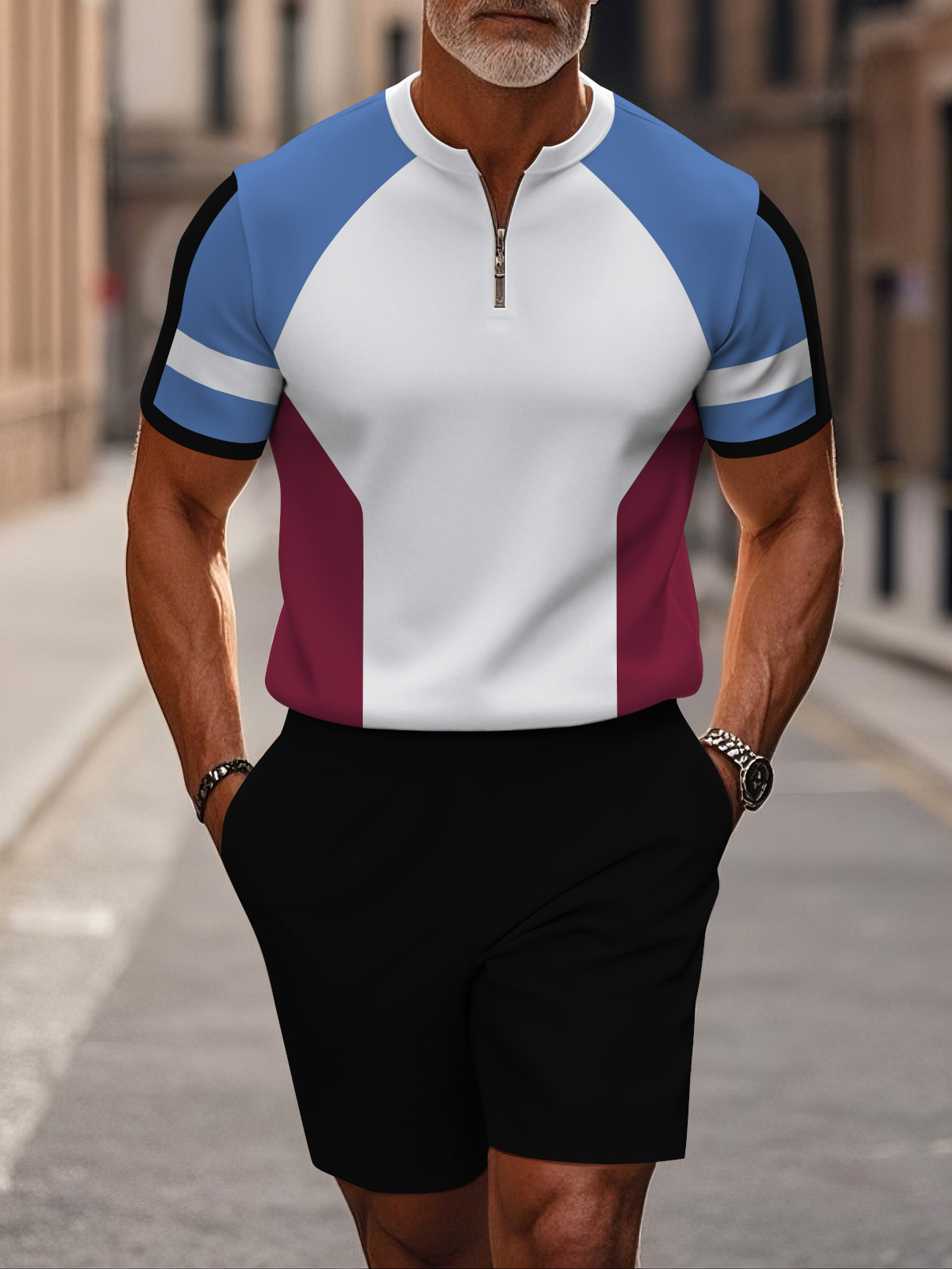 Men's fashion casual round-neck zipper geometric printed short-sleeved two-piece set