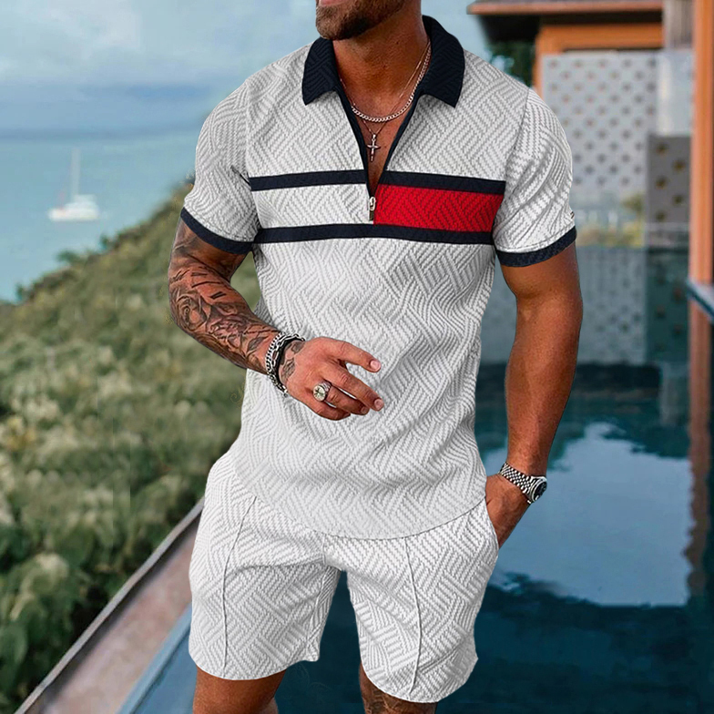 Men's fashion casual geometric print short sleeve polo two-piece set