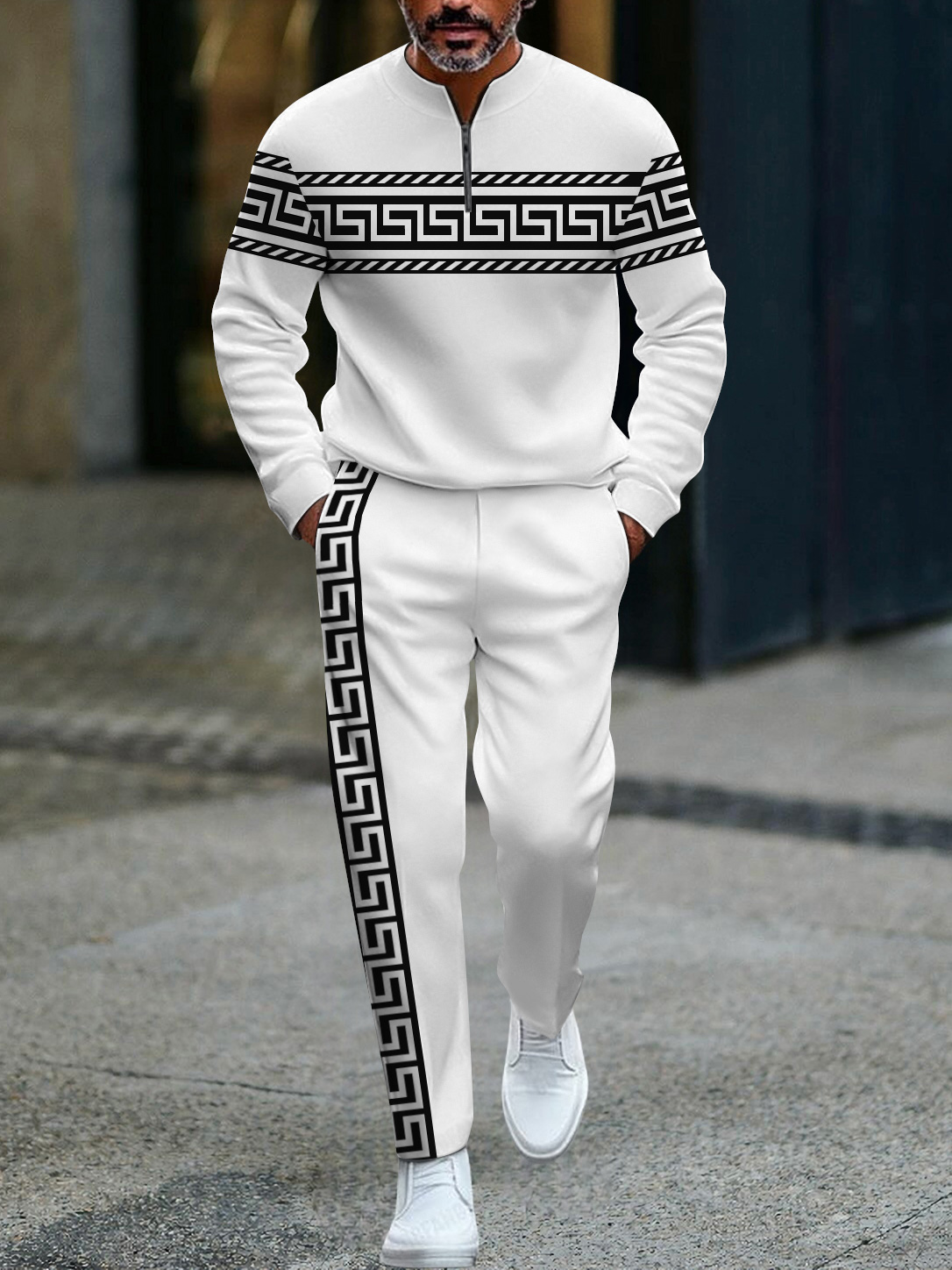 Men's fashion casual geometric print long sleeve zipper two-piece set