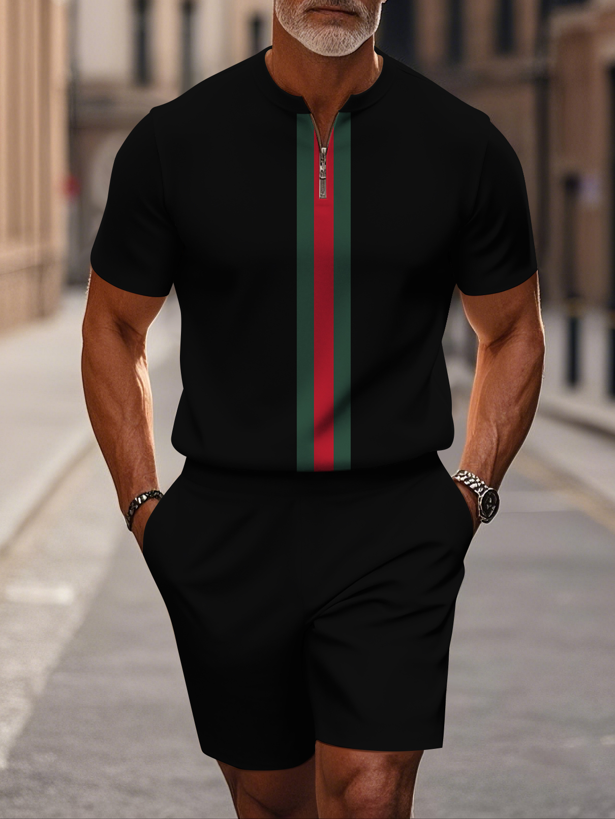 Men's fashion casual round-neck zipper geometric printed short-sleeved two-piece set