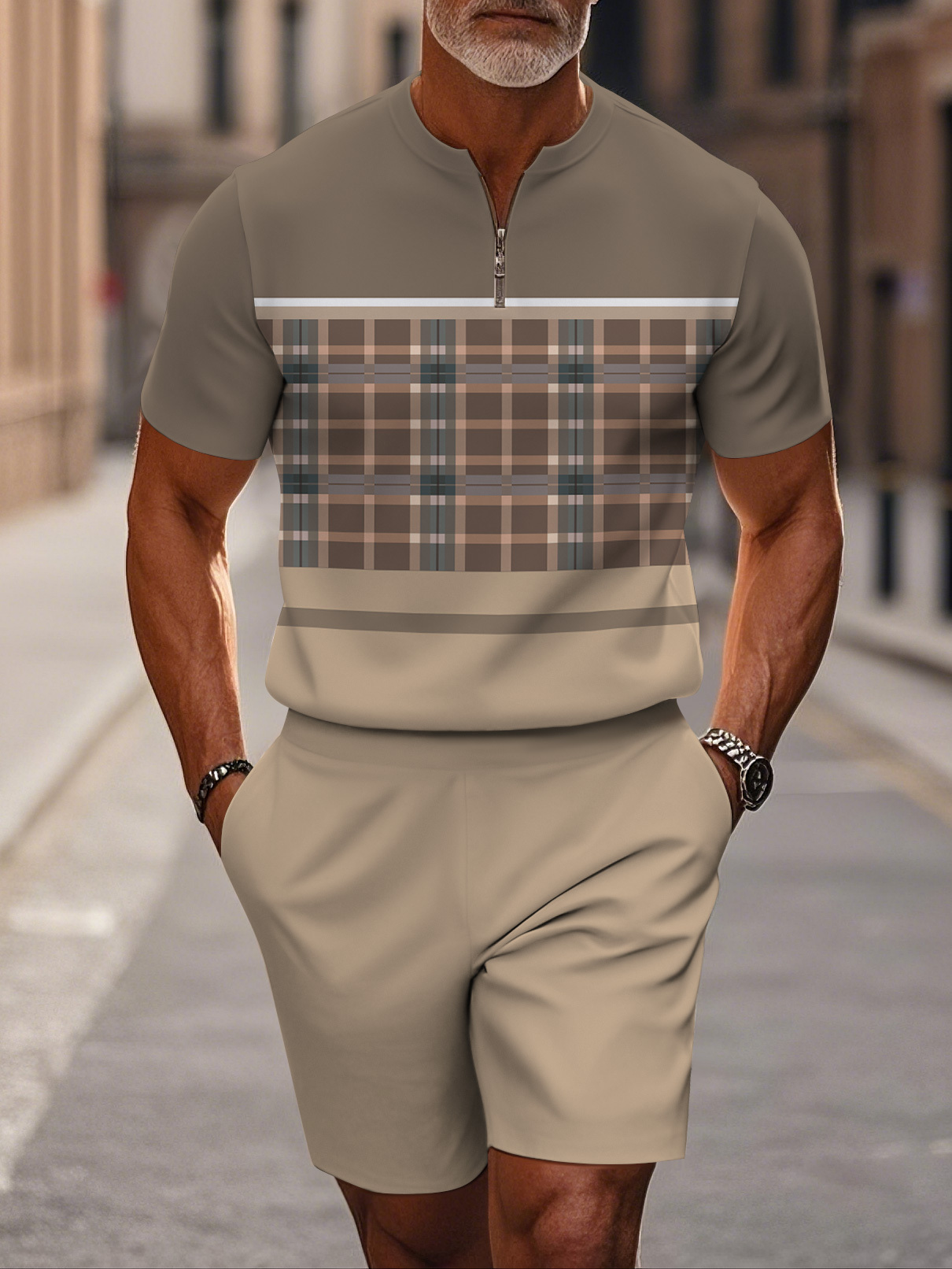 Men's fashion casual round-neck zipper geometric printed short-sleeved two-piece set