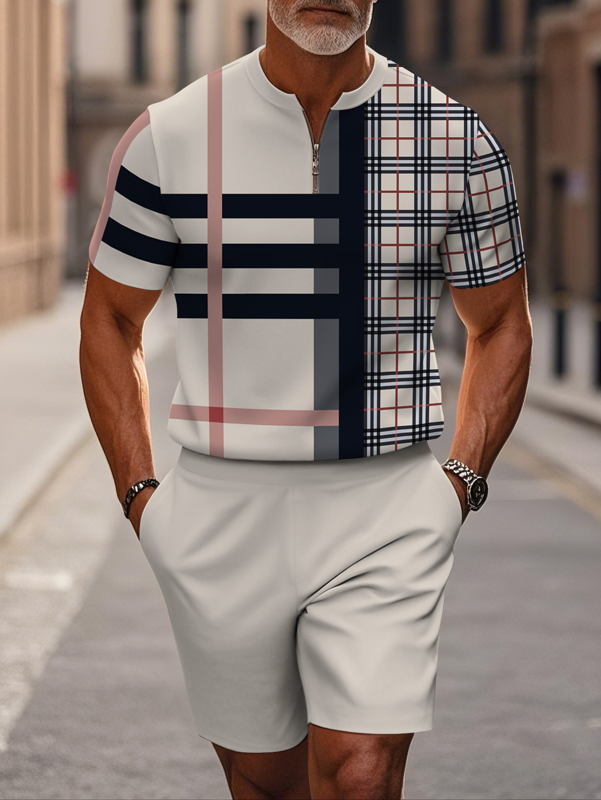 Men's fashion casual round-neck zipper geometric printed short-sleeved two-piece set