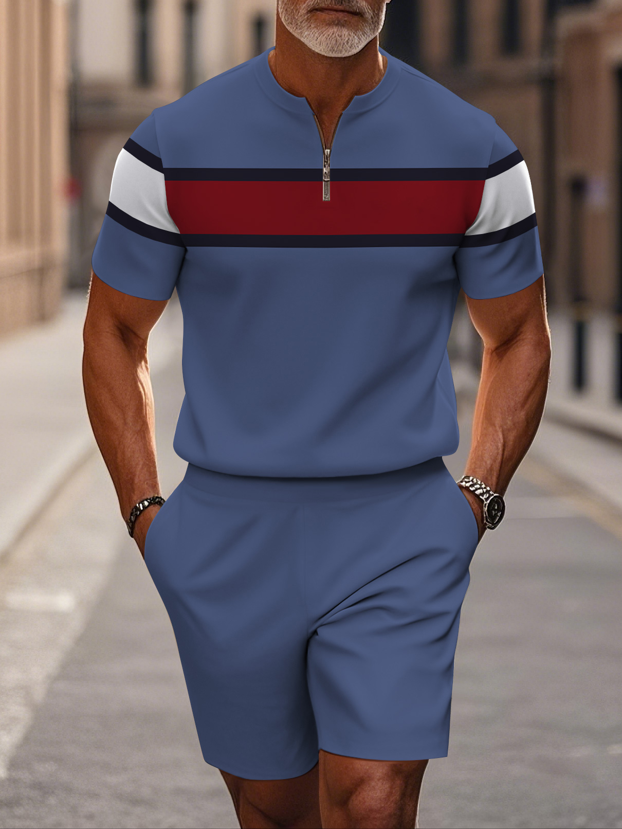 Men's fashion casual round-neck zipper geometric printed short-sleeved two-piece set