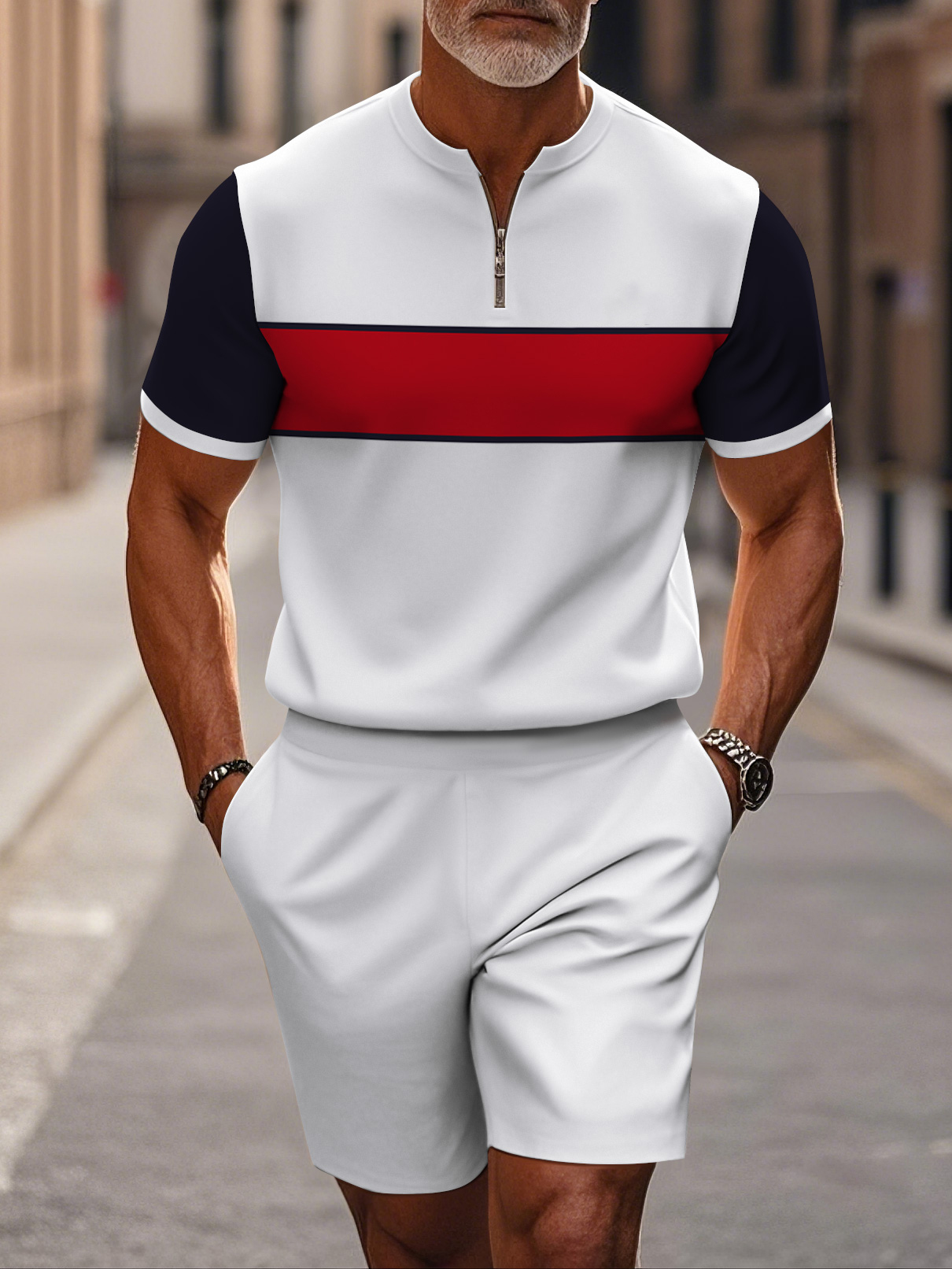 Men's fashion casual round-neck zipper geometric printed short-sleeved two-piece set